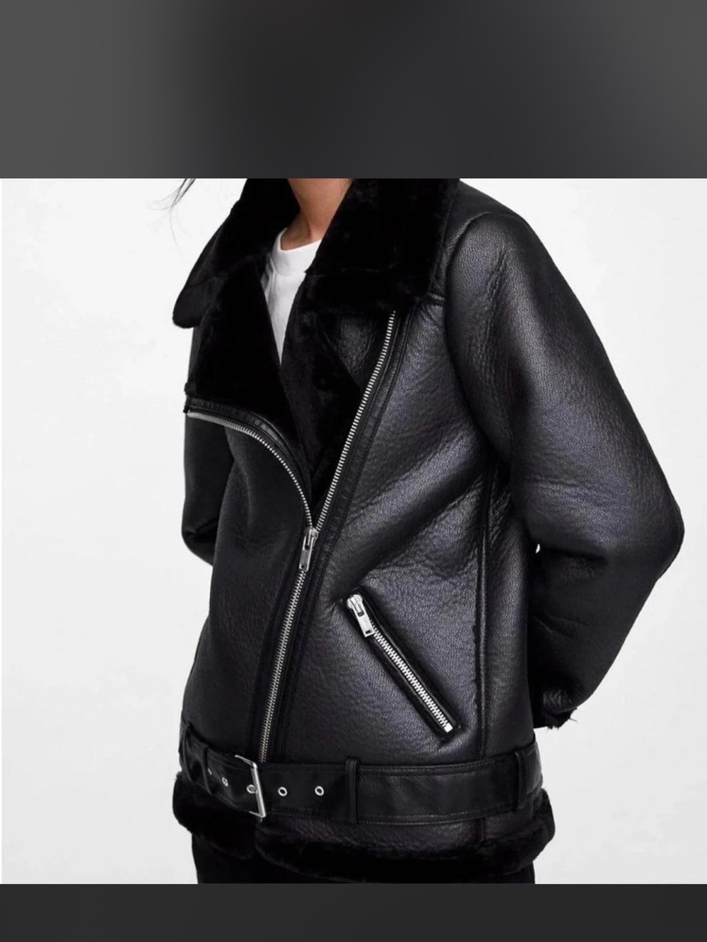 Black Faux Leather Shearling Jacket - Women